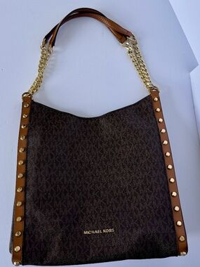 Michael Kors Newbury Brown Signature Studded Chain Shoulder Bag Gold Hardware